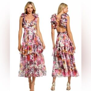 NWT Mac Duggal white Floral Chiffon Ruffle Tiered Cut-Out midi Dress - Size 8